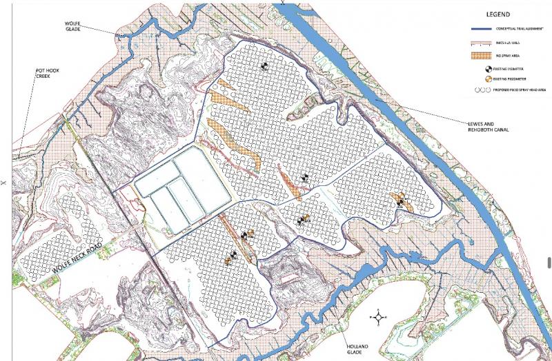 The hatched area is a proposed grid layout for fixed-head spray irrigation to replace the current center pivot agricultural rigs at the Wolfe Neck wastewater treatment facility. SUSSEX COUNTY GRAPHIC